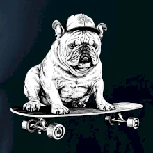 Čiernobiely buldog na skateboarde