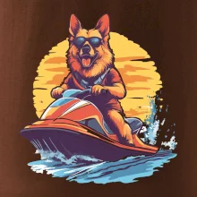 Nemecký ovčiak na vodnom skútri