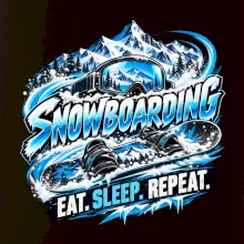 Snowboard s horským sněhem eat sleep repeat