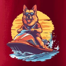 Nemecký ovčiak na vodnom skútri