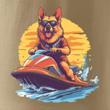 Nemecký ovčiak na vodnom skútri