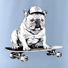 Čiernobiely buldog na skateboarde