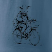 Krava v obleku na bicykli