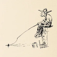 Kreslený rybár na pni