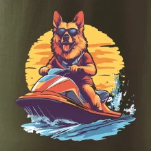 Nemecký ovčiak na vodnom skútri