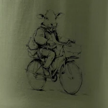 Krava v obleku na bicykli