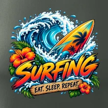Surfové prkno a mořská vlna eat sleep repeat