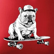 Čiernobiely buldog na skateboarde