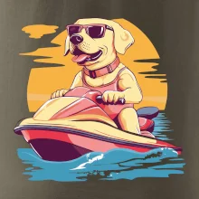 Zlatý retriever na vodnom skútri