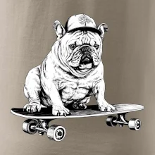 Čiernobiely buldog na skateboarde