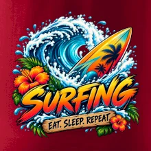Surfové prkno a mořská vlna eat sleep repeat