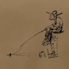 Kreslený rybár na pni