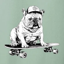 Čiernobiely buldog na skateboarde
