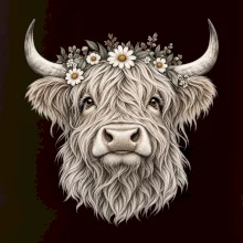 Highlandská krava s kvetinami