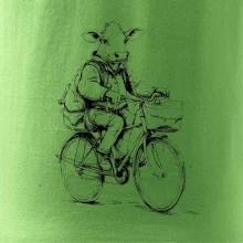 Krava v obleku na bicykli