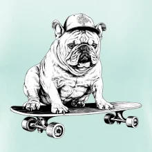 Čiernobiely buldog na skateboarde