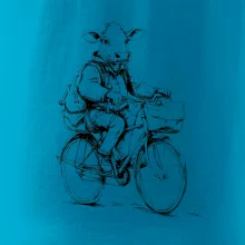 Krava v obleku na bicykli