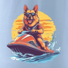 Nemecký ovčiak na vodnom skútri