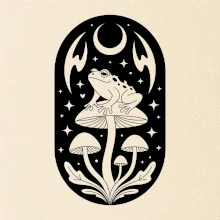 Goblincore čiernobiela oválna žaba