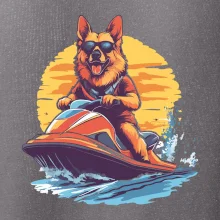 Nemecký ovčiak na vodnom skútri