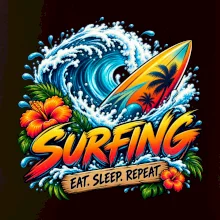 Surfové prkno a mořská vlna eat sleep repeat