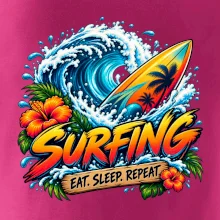 Surfové prkno a mořská vlna eat sleep repeat
