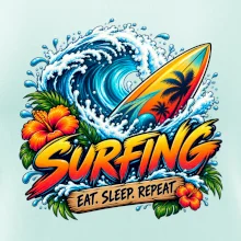 Surfové prkno a mořská vlna eat sleep repeat
