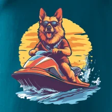 Nemecký ovčiak na vodnom skútri