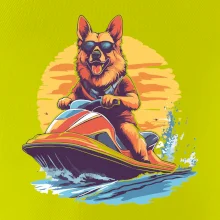 Nemecký ovčiak na vodnom skútri