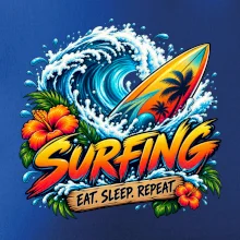 Surfové prkno a mořská vlna eat sleep repeat