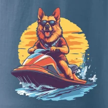 Nemecký ovčiak na vodnom skútri