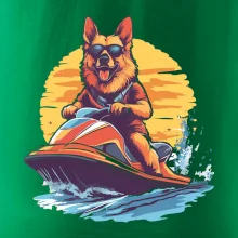 Nemecký ovčiak na vodnom skútri