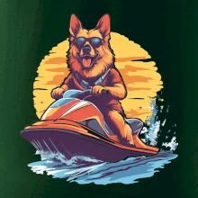 Nemecký ovčiak na vodnom skútri