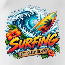 Surfové prkno a mořská vlna eat sleep repeat