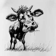 Čiernobiela karikatúra krava stojaca