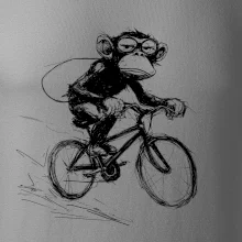 Opice s batohom na bicykli