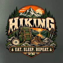 Turistický batoh v horách eat sleep repeat