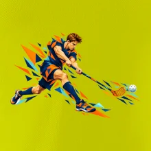 Florbalový útočník v oranžových polygonech