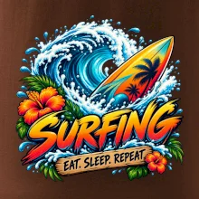 Surfové prkno a mořská vlna eat sleep repeat