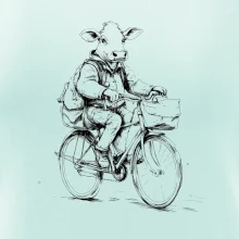 Krava v obleku na bicykli