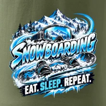 Snowboard s horským sněhem eat sleep repeat