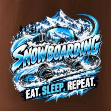 Snowboard s horským sněhem eat sleep repeat