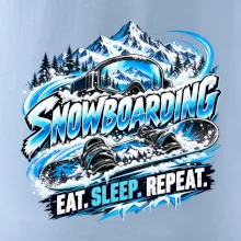 Snowboard s horským sněhem eat sleep repeat