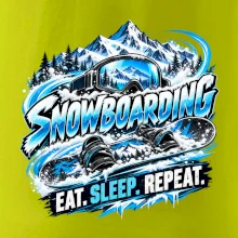Snowboard s horským sněhem eat sleep repeat
