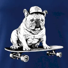 Čiernobiely buldog na skateboarde