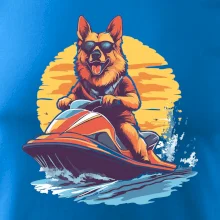 Nemecký ovčiak na vodnom skútri