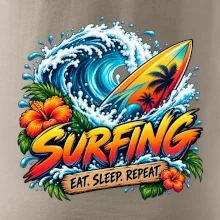 Surfové prkno a mořská vlna eat sleep repeat