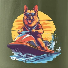 Nemecký ovčiak na vodnom skútri