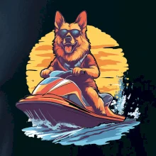 Nemecký ovčiak na vodnom skútri