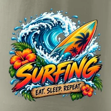 Surfové prkno a mořská vlna eat sleep repeat